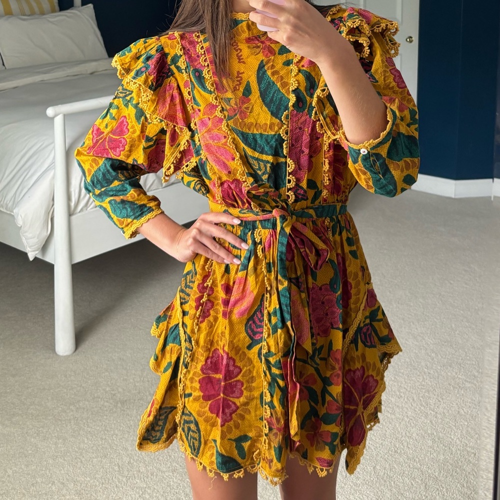 FARM Rio Orange Yellow Ruffled Wrap Mini Dress